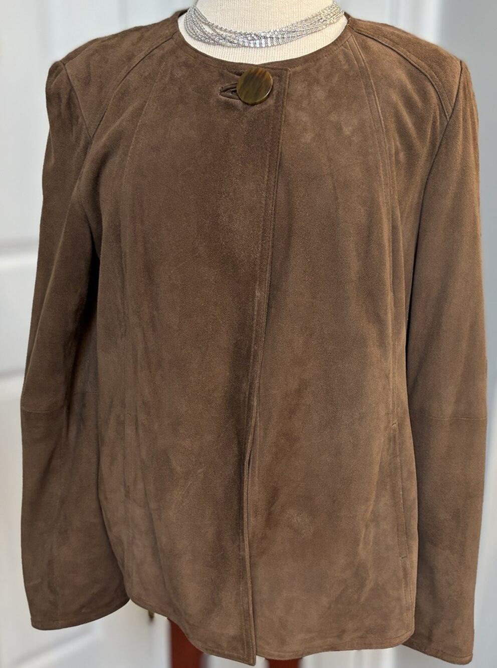 Vintage Talbots Suede Leather Jacket Womens 12 Brown Collarless 90s Minimalist